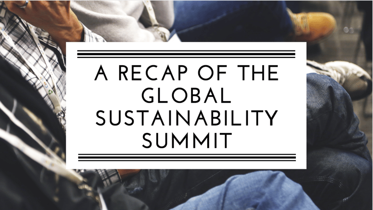 A recap of the global sustainability summit banner with people attending a conference in the background