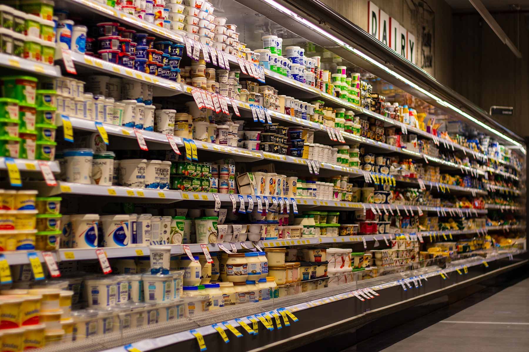 Dairy cooler shelf in a grocery store